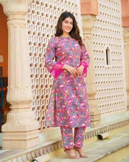 Pink & Green Block Print Kurta Set