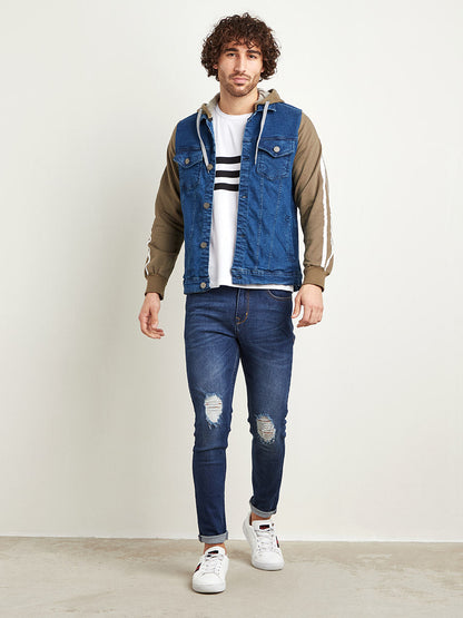 Medium-Wash Denim Jacket With Sweatshirt Sleeve