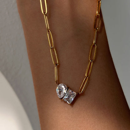 Chic Triangle & Rectangle Zirconia Pendant Pin Link Chain Gold Necklace JLTN1231 Just Lil Things