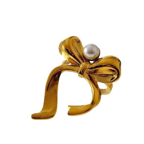 Elegant Ribbon Bow Design Pearl Studded Ring JLTR0479 Just Lil Things