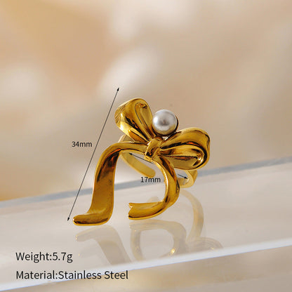 Elegant Ribbon Bow Design Pearl Studded Ring JLTR0479 Just Lil Things