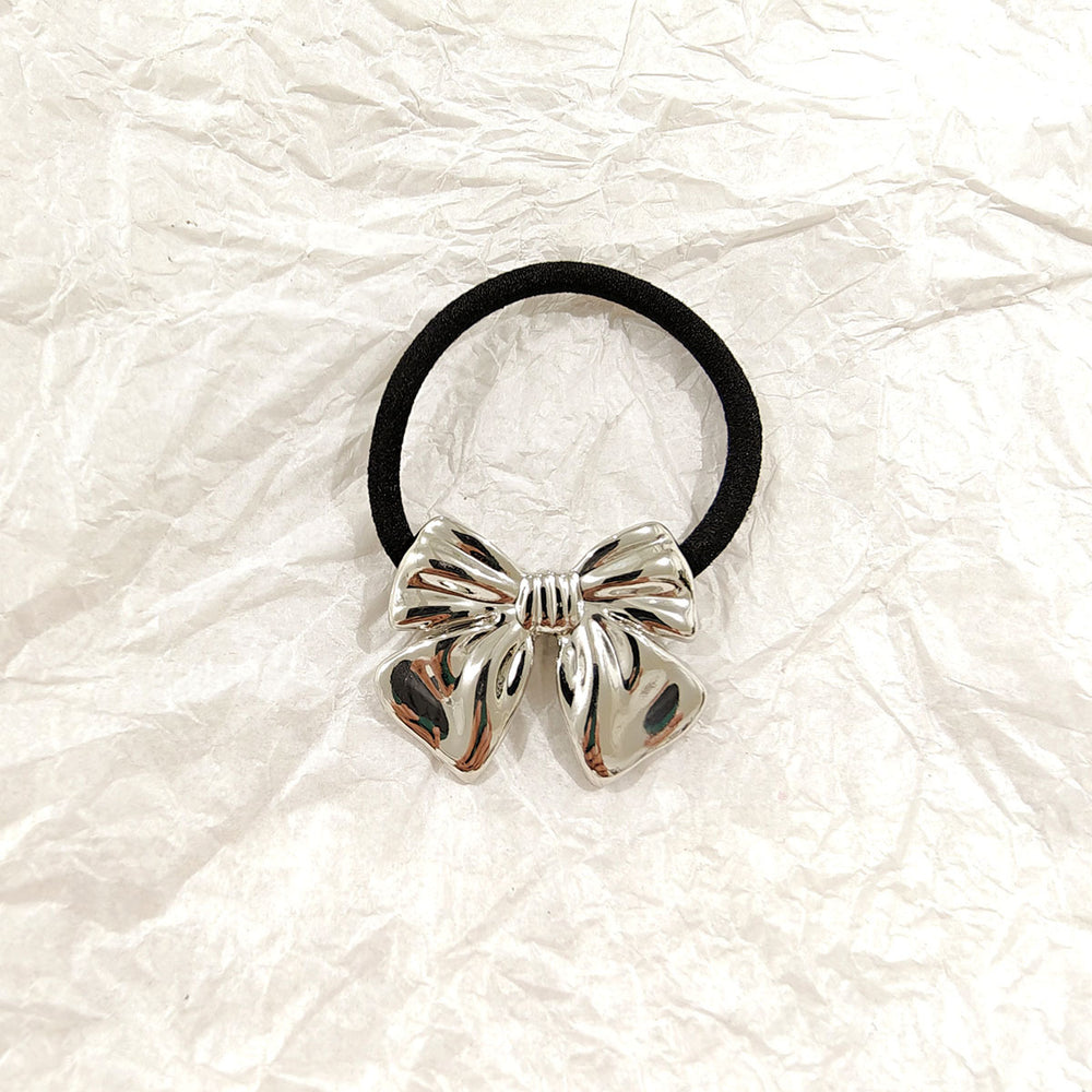 Silver Bow Hair Tie – Metallic Ribbon Elastic Band JLTS0527 Just Lil Things