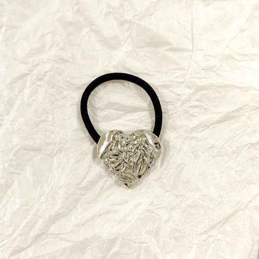Crushed Heart Textured Silver Heart Hair Tie – Molten Metallic Elastic JLTS0550 Just Lil Things