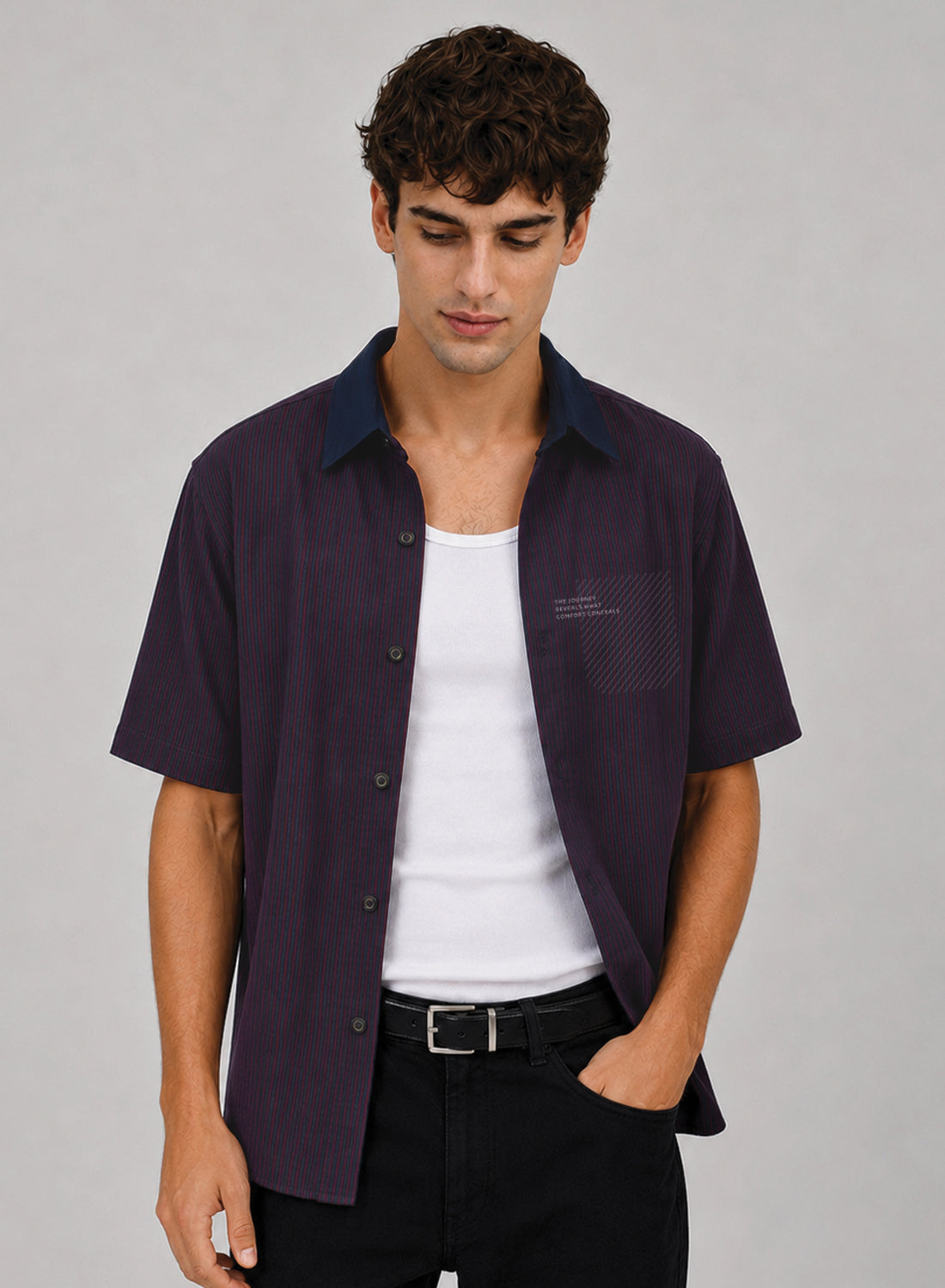 ADRO Journey Reveals Half Sleeve Striped Shirt for Men | Cotton Blend Casual Shirts | Relaxed Fit Contrast Collar Summer Wear | Maroon Maroon