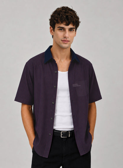 ADRO Journey Reveals Half Sleeve Striped Shirt for Men | Cotton Blend Casual Shirts | Relaxed Fit Contrast Collar Summer Wear | Maroon