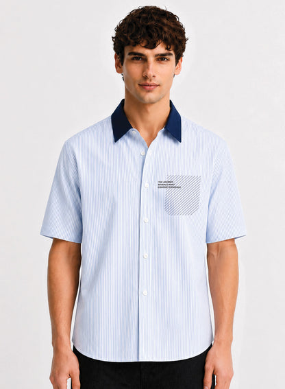 ADRO Journey Reveals Half Sleeve Striped Shirt for Men | Cotton Blend Casual Shirts | Relaxed Fit Contrast Collar Summer Wear | Sky Blue