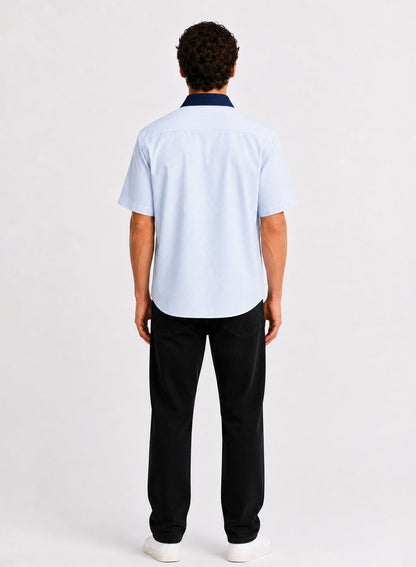 ADRO Journey Reveals Half Sleeve Striped Shirt for Men | Cotton Blend Casual Shirts | Relaxed Fit Contrast Collar Summer Wear | Sky Blue
