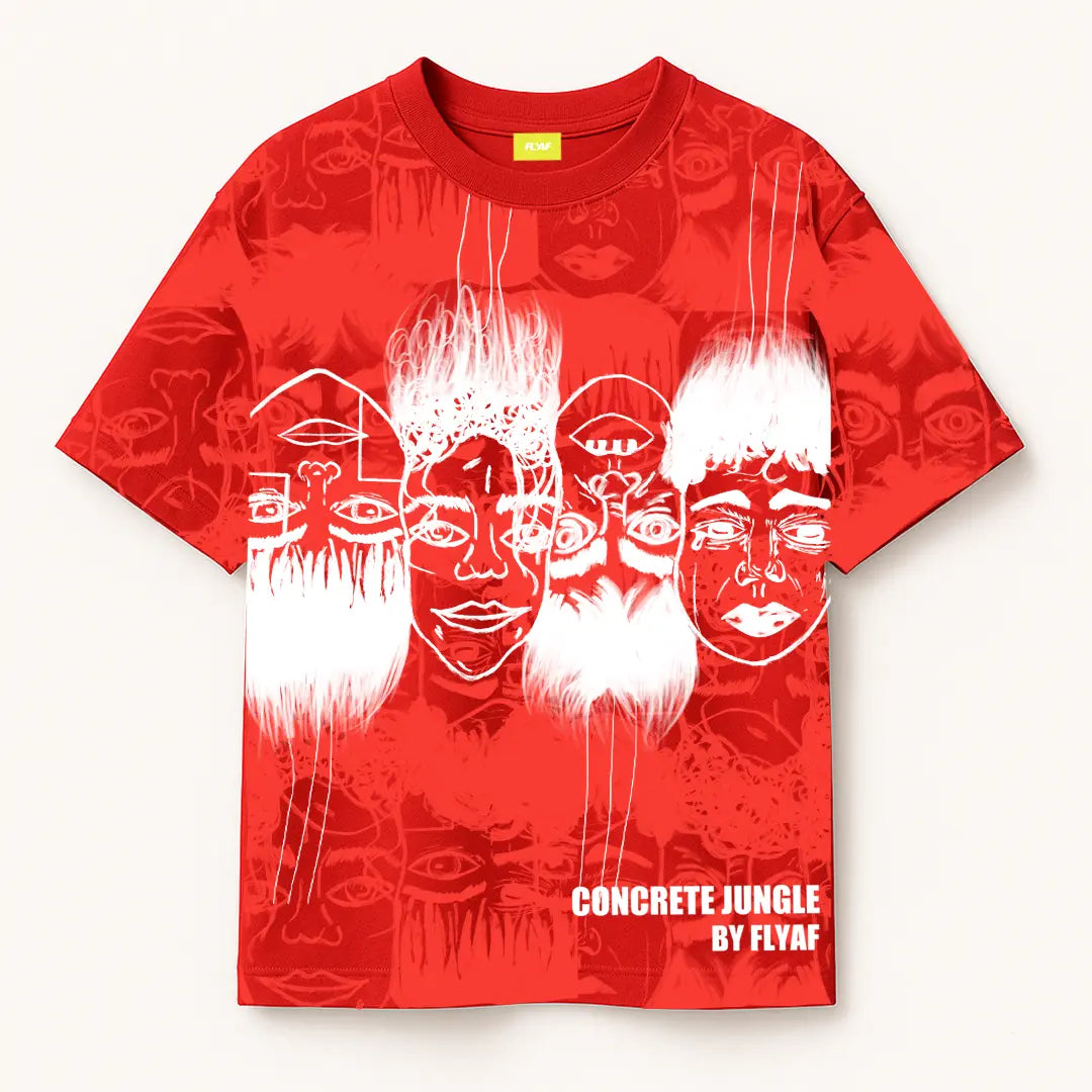 Static Jungle Round Neck Printed Red T-Shirt FLYAF