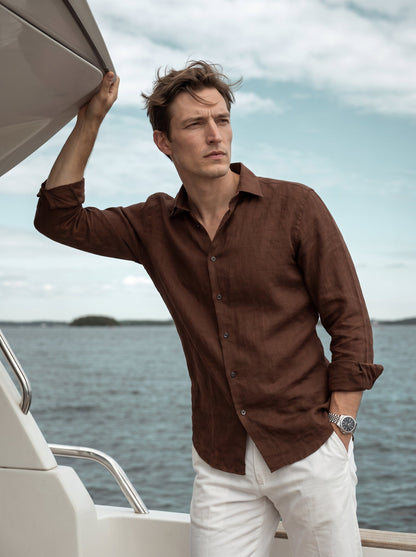 Slim Fit Linen Brown Casual Shirt for Men (JAXEN)