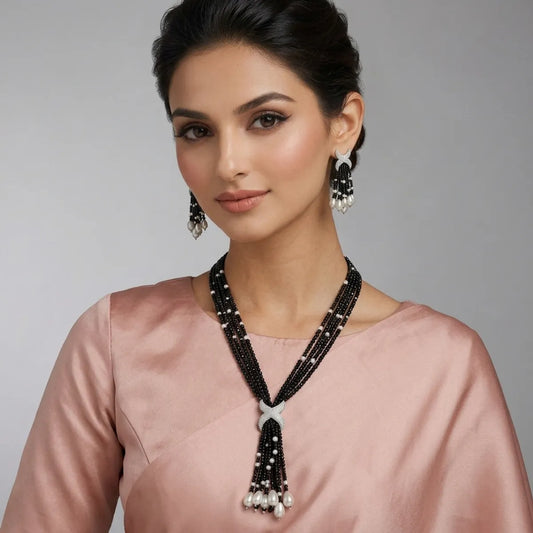 Black Beaded Pearl Multi Layer Necklace And Earrings Set For Women