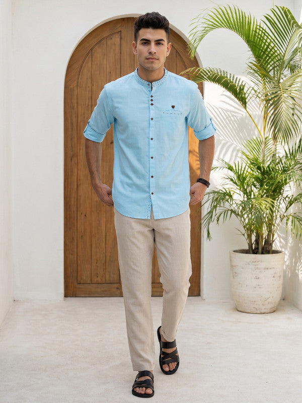 Kuons Avenue Men's Linen Cotton Indowestern Shirt - Turquoise