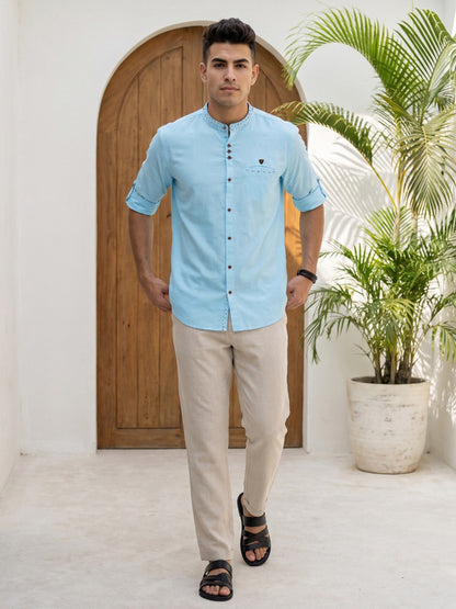 Kuons Avenue Men's Linen Cotton Indowestern Shirt - Turquoise