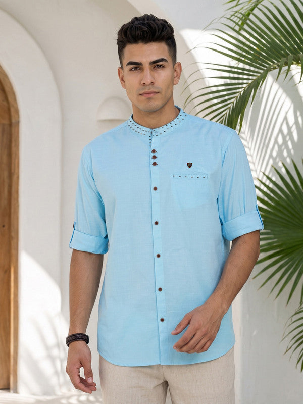 Kuons Avenue Men's Linen Cotton Indowestern Shirt - Turquoise
