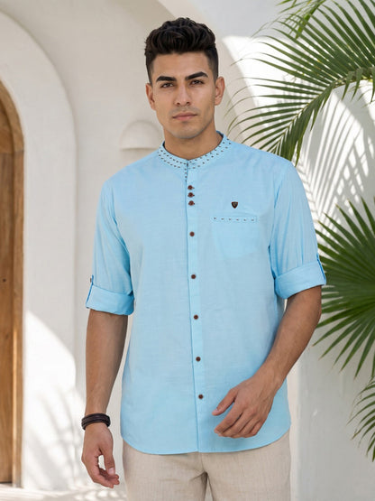 Kuons Avenue Men's Linen Cotton Indowestern Shirt - Turquoise