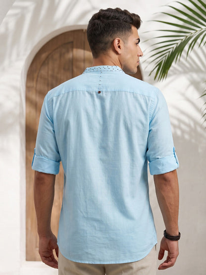 Kuons Avenue Men's Linen Cotton Indowestern Shirt - Turquoise