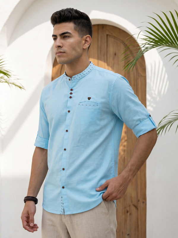 Kuons Avenue Men's Linen Cotton Indowestern Shirt - Turquoise