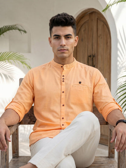 Kuons Avenue Men's Linen Cotton Indowestern Shirt - Peach