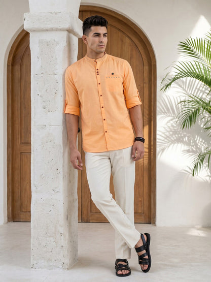 Kuons Avenue Men's Linen Cotton Indowestern Shirt - Peach