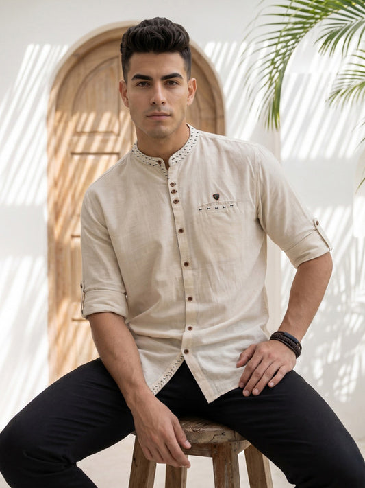 Kuons Avenue Men's Linen Cotton Indowestern Shirt - Beige
