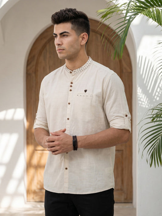 Kuons Avenue Men's Linen Cotton Indowestern Shirt - Beige