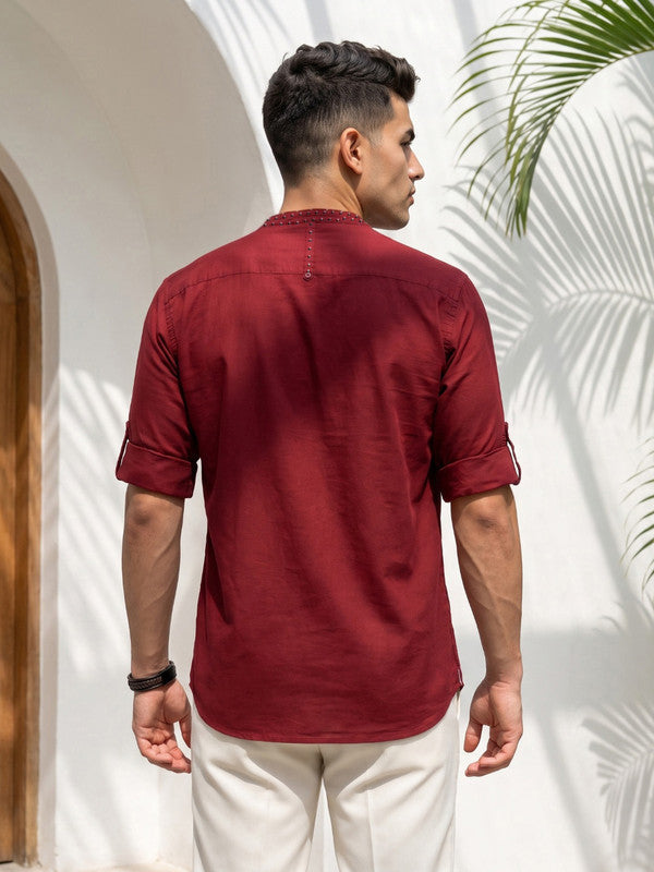 Kuons Avenue Men's Linen Cotton Indowestern Shirt - Maroon