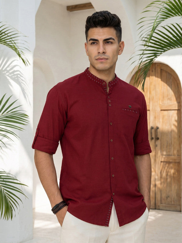 Kuons Avenue Men's Linen Cotton Indowestern Shirt - Maroon