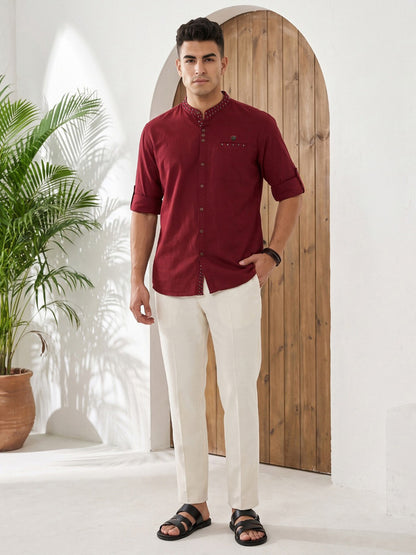 Kuons Avenue Men's Linen Cotton Indowestern Shirt - Maroon