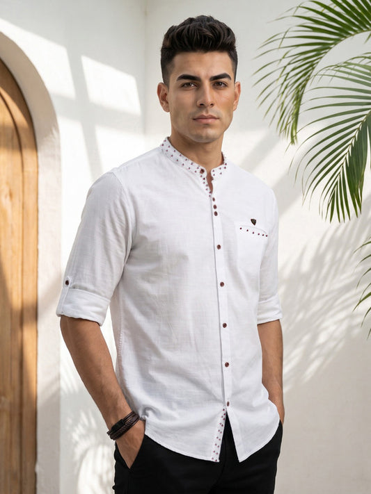 Kuons Avenue Men's Linen Cotton Indowestern Shirt - White