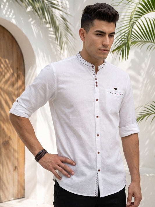 Kuons Avenue Men's Linen Cotton Indowestern Shirt - White