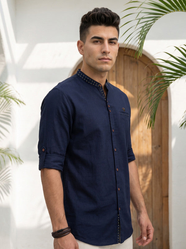 Kuons Avenue Men's Linen Cotton Indowestern Shirt - Dark Indigo