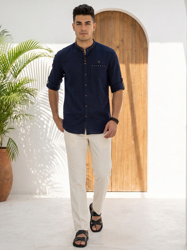 Kuons Avenue Men's Linen Cotton Indowestern Shirt - Dark Indigo