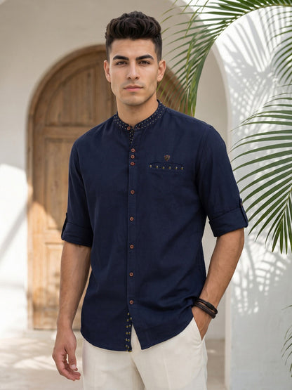 Kuons Avenue Men's Linen Cotton Indowestern Shirt - Dark Indigo