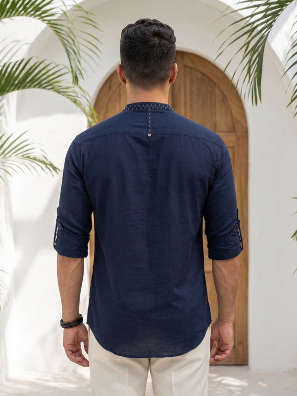 Kuons Avenue Men's Linen Cotton Indowestern Shirt - Dark Indigo