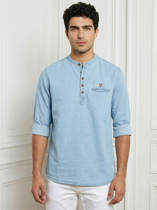 Kuons Avenue Men's Icewash Blue Denim Short Kurta