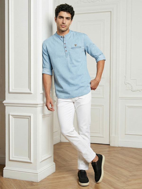 Kuons Avenue Men's Icewash Blue Denim Short Kurta