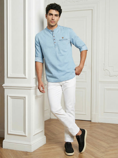 Kuons Avenue Men's Icewash Blue Denim Short Kurta