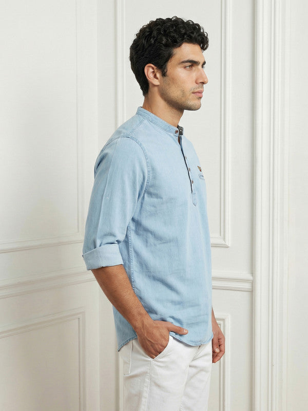 Kuons Avenue Men's Icewash Blue Denim Short Kurta
