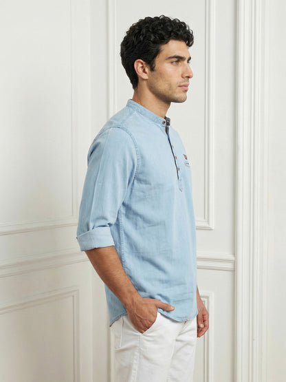 Kuons Avenue Men's Icewash Blue Denim Short Kurta