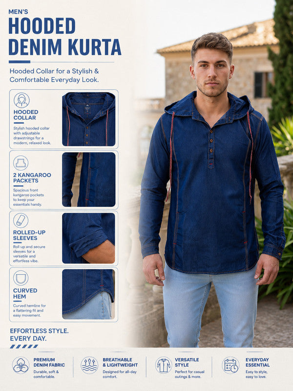 Kuons Avenue Men's Carbon Blue Hooded Denim Kurta