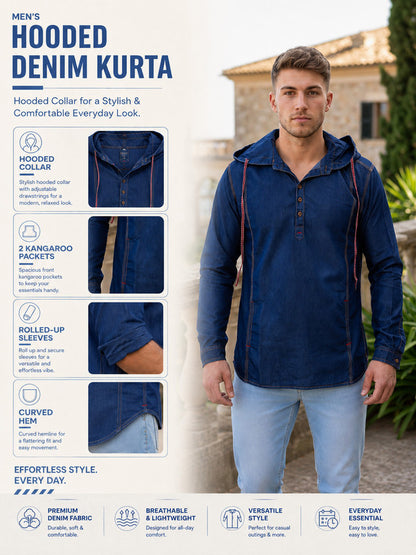 Kuons Avenue Men's Carbon Blue Hooded Denim Kurta