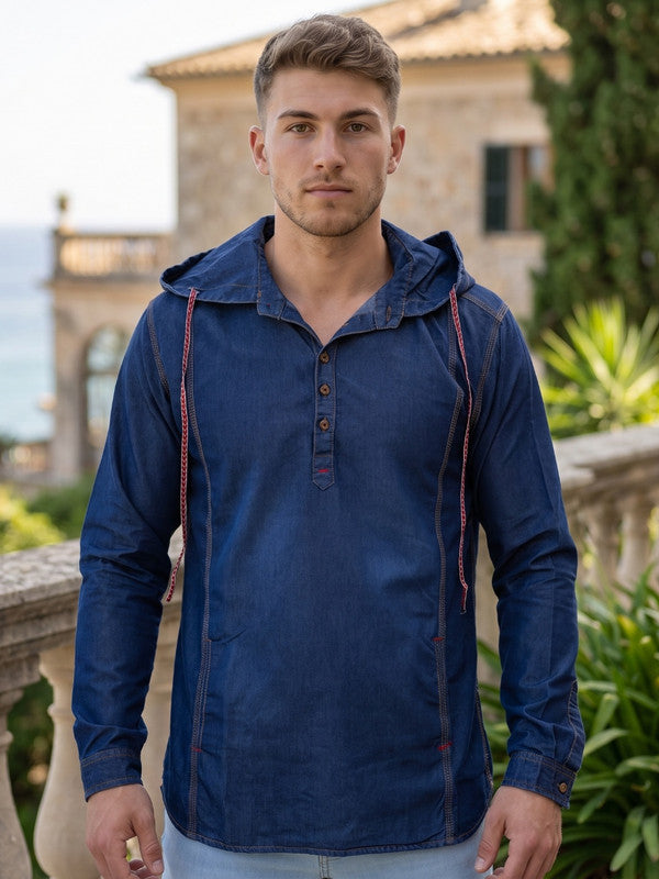 Kuons Avenue Men's Carbon Blue Hooded Denim Kurta
