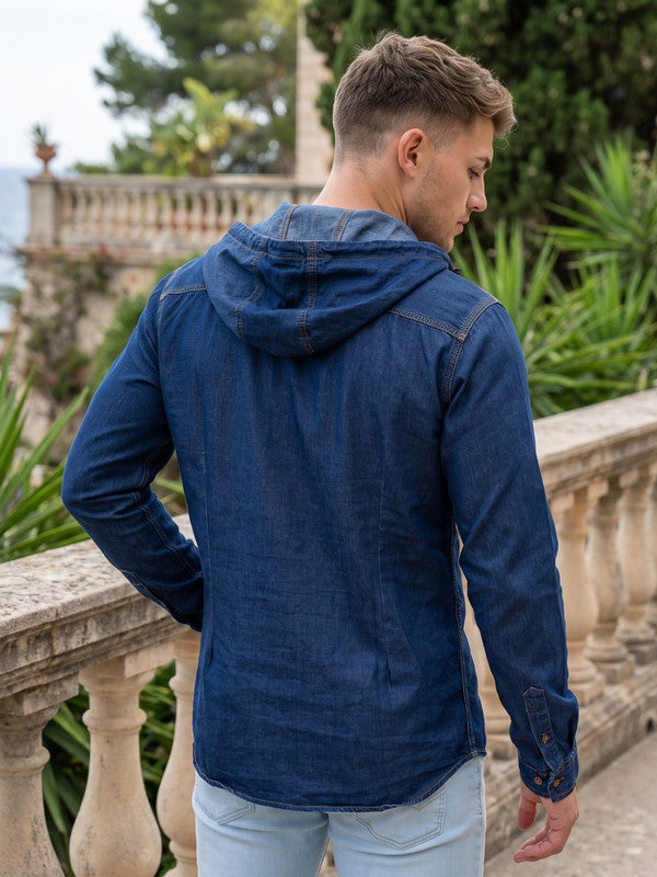Kuons Avenue Men's Carbon Blue Hooded Denim Kurta
