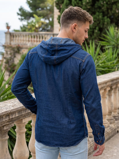 Kuons Avenue Men's Carbon Blue Hooded Denim Kurta