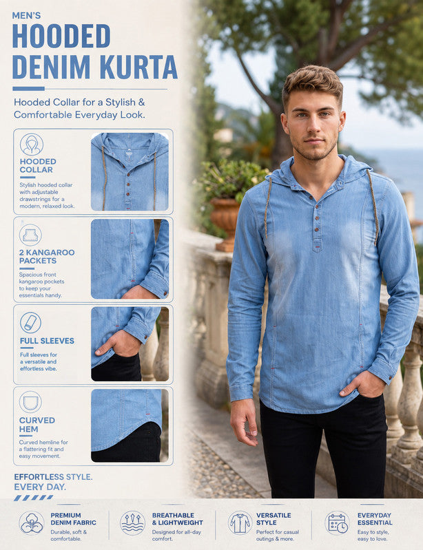 Kuons Avenue Men's Icewash Hooded Denim Kurta