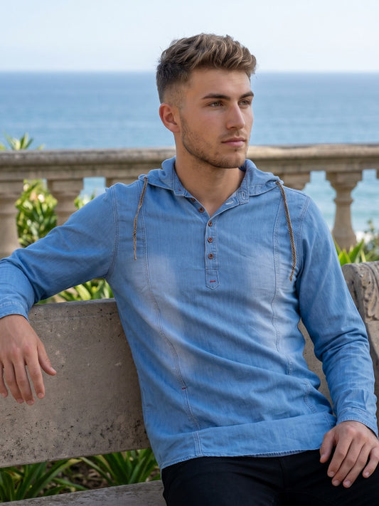 Kuons Avenue Men's Icewash Hooded Denim Kurta