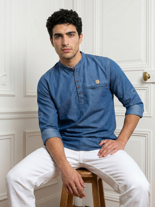 Kuons Avenue Men's Denim Blue Denim Short Kurta