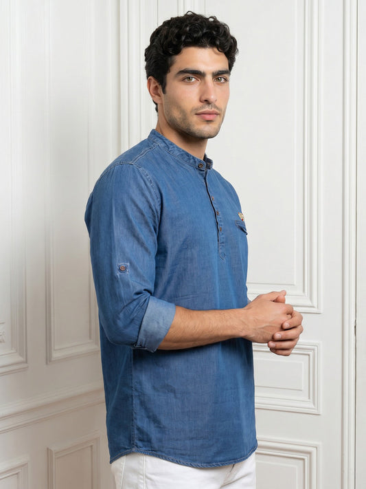 Kuons Avenue Men's Denim Blue Denim Short Kurta