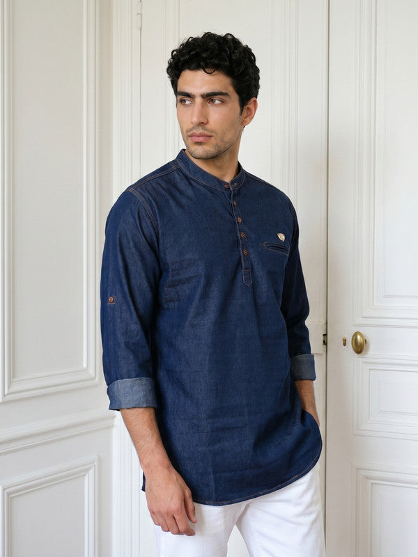 Kuons Avenue Men's Indigo Blue Denim Short Kurta