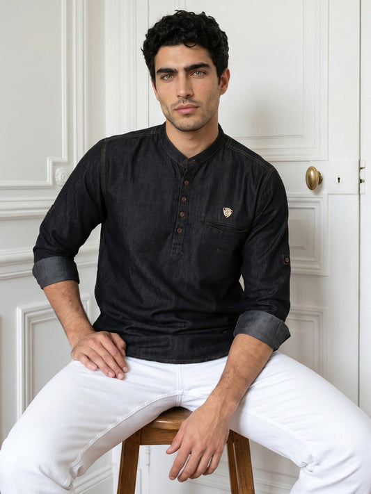 Kuons Avenue Men's Black Denim Short Kurta