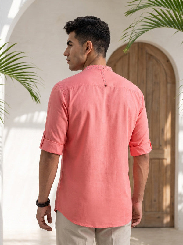 Kuons Avenue Men's Linen Cotton Indowestern Shirt - Rose Pink